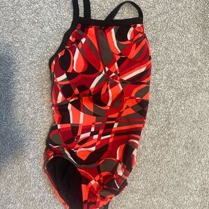 Speedo Kids One Piece - Red and Black Swirl Pattern